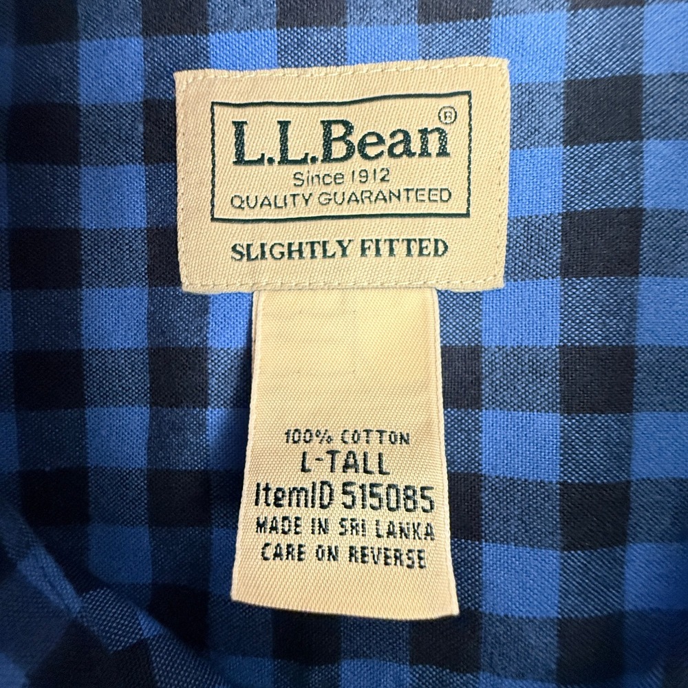 LL Bean Flannel Shirt Mens Large Tall Blue Black Gingham Cotton Button Down - Picture 4 of 10